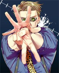 Rule 34 | 1boy, animal print, blonde hair, blue shirt, fr0z3n 8l00d, goggles, highres, jujutsu kaisen, leopard print, long sleeves, nanami kento, necktie, outstretched arms, shirt, short hair, sleeves rolled up, suspenders, upper body, yellow necktie
