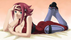 Rule 34 | 00s, 1girl, ass, bodysuit, breasts, cleavage, code geass, green eyes, headband, kouzuki kallen, large breasts, lying, on stomach, red hair, ryou (pixiv22748), shiny clothes, short hair, skin tight, solo, spandex