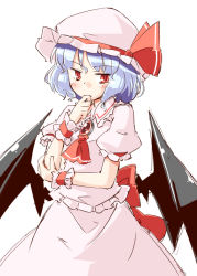 Rule 34 | 1girl, arnest, ascot, back bow, bat wings, blue eyes, bow, brooch, cowboy shot, hand on own elbow, hand to own mouth, hand up, hat, jewelry, medium hair, mob cap, pink hat, pink shirt, pink skirt, red ascot, red bow, red eyes, red ribbon, remilia scarlet, ribbon, shirt, simple background, skirt, solo, touhou, white background, wings, wrist cuffs