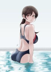 1girl absurdres aichi_tofu ass black_one-piece_swimsuit brown_eyes brown_hair commentary competition_swimsuit english_commentary highres kanojo_okarishimasu long_hair looking_at_viewer mizuhara_chizuru one-piece_swimsuit racerback solo swimsuit water white_background