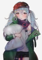 Rule 34 | 1girl, alternate hairstyle, bad id, bad twitter id, bags under eyes, black shorts, blush, brown eyes, clothing cutout, coat, confetti, cowboy shot, g11 (girls&#039; frontline), girls&#039; frontline, green coat, grey background, grey shirt, hair between eyes, hair tie, hanato (seonoaiko), highres, holding, long hair, looking at viewer, hugging object, open clothes, open coat, open mouth, pillow, pillow hug, scarf, scarf on head, shirt, short shorts, shorts, shoulder cutout, sidelocks, silver hair, simple background, solo, twintails, twitter username, very long hair