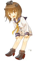 Rule 34 | 1girl, artist name, black socks, blue sailor collar, blush, brown eyes, brown hair, buttons, collarbone, commentary, dress, full body, hair between eyes, hands on own thighs, headgear, headset, ina (1813576), kantai collection, leaning forward, looking at viewer, neckerchief, open mouth, rudder footwear, sailor collar, sailor dress, school uniform, serafuku, short hair, simple background, smile, socks, solo, speaking tube headset, white background, yellow neckerchief, yukikaze (kancolle)