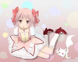 Rule 34 | 10s, bad id, bad pixiv id, bow, coop (coupon123), dress, gloves, hair bow, kaname madoka, kyubey, magical girl, mahou shoujo madoka magica, mahou shoujo madoka magica (anime), open mouth, pink eyes, pink hair, short hair, short twintails, sitting, twintails