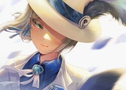 Rule 34 | 1girl, absurdres, blue brooch, blue feathers, blue shirt, collared shirt, feathers, grey eyes, grey hair, hair bun, hat, hat feather, hat over one eye, highres, jacket, lon (lon2107), looking at viewer, neck ribbon, official alternate costume, one eye covered, portrait, reverse:1999, ribbon, shirt, short hair, single side bun, smile, solo, vertin (reverse:1999), white background, white hat, white jacket, white ribbon