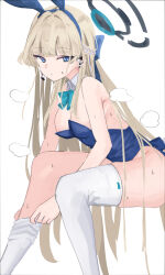 Rule 34 | 1girl, animal ears, aqua bow, blonde hair, blue archive, blue eyes, bow, bowtie, detached collar, fake animal ears, highres, invisible chair, leotard, long hair, playboy bunny, simple background, sitting, sketch, skindentation, solo, sweat, thighhighs, toki (blue archive), toki (bunny) (blue archive), tsumayouji (tumayog), white background, white thighhighs