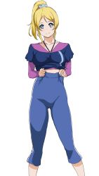 Rule 34 | 10s, 1girl, absurdres, ayase eli, blonde hair, blue eyes, capri pants, clothes lift, hair ornament, highres, looking at viewer, love live!, love live! school idol festival, love live! school idol project, pants, pants lift, ponytail, shirt, shirt lift, smile, solo, t-shirt, tonotyama, white background
