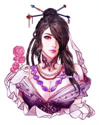 Rule 34 | 1girl, artist name, bare shoulders, bead necklace, beads, black dress, black hair, braid, breasts, cleavage, dress, final fantasy, final fantasy x, flower, gloves, hair bun, hair ornament, hair over one eye, hair over shoulder, hair stick, hand on own chest, jewelry, large breasts, long hair, looking at viewer, lulu (ff10), multiple braids, multiple necklaces, necklace, off shoulder, pink flower, portrait, purple lips, red eyes, solo, upper body, vhyrel, wavy hair, white background, white gloves