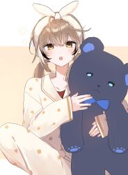 Rule 34 | 1girl, :o, absurdres, ahoge, alternate costume, bow, bowtie, brown eyes, brown hair, crossed bangs, fingernails, highres, holding, holding stuffed toy, hololive, hololive english, looking at viewer, multicolored hair, nanashi mumei, open mouth, pajamas, patterned clothing, red shirt, shapes, shirt, simple background, sitting, squeans, sleepy, streaked hair, stuffed animal, stuffed toy, teddy bear, virtual youtuber, xx tk9