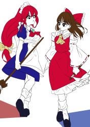 Rule 34 | 2girls, :o, apron, ascot, back bow, bare shoulders, black footwear, blue dress, bow, breasts, broom, brown hair, collared vest, detached sleeves, dress, frilled bow, frills, gohei, guumin, hair bow, hakurei reimu, highres, holding, holding broom, long hair, maid, maid apron, maid headdress, medium hair, multiple girls, nontraditional miko, open mouth, red ascot, red bow, red skirt, red vest, ribbon-trimmed sleeves, ribbon trim, seihou, simple background, skirt, small breasts, standing, touhou, very long hair, vest, vivit, white apron, white background, white bow, white legwear, white sleeves, wide sleeves, yellow ascot, yellow bow