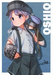 Rule 34 | 1girl, absurdres, arm warmers, character name, collared shirt, green skirt, hat, highres, kantai collection, ooshio (kancolle), pleated skirt, purple hair, rigging, school uniform, shirt, short sleeves, short twintails, skirt, smokestack, solo, suspender skirt, suspenders, teisei sagishi, twintails, white shirt