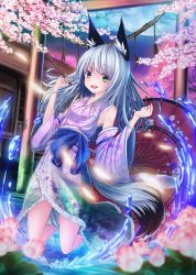 Rule 34 | 1girl, animal ears, flower, green eyes, highres, holding, holding umbrella, japanese clothes, long hair, moon, open mouth, original, pi-pie, silver hair, solo, tail, tree, umbrella, water