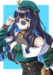 Rule 34 | 1girl, bare shoulders, beret, black hair, black shorts, blue hair, bracelet, breasts, buttons, colored inner hair, double-breasted, fate/grand order, fate (series), green hat, green jacket, grey eyes, hat, highres, jacket, jewelry, long hair, long sleeves, looking at viewer, multicolored hair, neck ring, o-ring, off shoulder, round eyewear, sakura kaoru 04, shorts, sidelocks, small breasts, solo, sunglasses, tenochtitlan (fate), tenochtitlan (second ascension) (fate), wavy hair, zipper