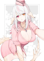Rule 34 | 1girl, absurdres, au ra, breasts, cleavage, collared shirt, dragon girl, dragon horns, dragon tail, final fantasy, final fantasy xiv, heterochromia, highres, horns, jewelry, large breasts, leaning forward, long hair, looking at viewer, multicolored hair, necklace, orange eyes, partially unbuttoned, pencil skirt, pink eyes, pink hair, pink shirt, pink skirt, reaching, reaching towards viewer, sana (sanamaru 0w0), scales, shirt, short sleeves, skirt, solo, streaked hair, tail, thighhighs, warrior of light (ff14), white hair, white thighhighs, zettai ryouiki