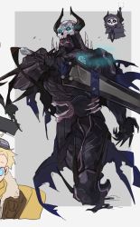 Rule 34 | 2boys, armor, bbbb fex, black cloak, blonde hair, blue eyes, chibi, cloak, fate/grand order, fate (series), glowing, glowing eyes, goggles, goggles on head, grey background, highres, holding, holding weapon, horns, king hassan (fate), mask, multiple boys, open mouth, outside border, pilot, shield, skull, skull mask, solo, spikes, spirit, sword, torn cloak, torn clothes, voyager (fate), voyager (third ascension) (fate), weapon