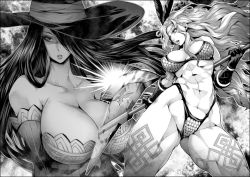 Rule 34 | 2girls, abs, amazon (dragon&#039;s crown), armlet, armor, armorkini, axe, bare shoulders, bikini, bikini armor, breasts, cleavage, detached sleeves, dragon&#039;s crown, feathers, gloves, greyscale, halberd, hat, hat over one eye, huge breasts, large breasts, lips, long hair, momofuki rio, monochrome, multiple girls, muscular, muscular female, one eye covered, polearm, sorceress (dragon&#039;s crown), swimsuit, tattoo, thick thighs, thighs, vanillaware, weapon