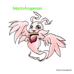 Rule 34 | digimon, digimon (creature), green eyes, heart, highres, holy ring, marinangemon, simple background, solo, tail, white background, wings