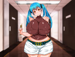 Rule 34 | 1girl, amane shion, belt, blue hair, blush, breasts, curvy, eight world, female focus, hallway, huge breasts, long hair, looking at viewer, nail polish, shiny skin, skirt, sleeveless, smile, solo, standing, tank top, thick thighs, thighs, twintails, wide hips, yellow eyes