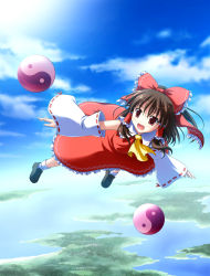 Rule 34 | 1girl, bad id, bad pixiv id, bow, brown hair, day, detached sleeves, female focus, flying, full body, hair bow, hakurei reimu, highres, japanese clothes, long hair, miko, nature, outdoors, perfect cherry blossom, red eyes, sky, solo, touhou, tsuda akira, yin yang