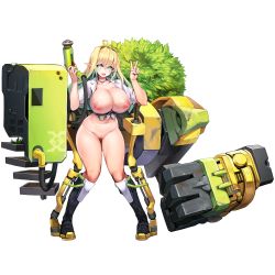 Rule 34 | 1girl, ahoge, blush, boots, bottomless, breasts, breasts out, choker, elf, elven forest maker (last origin), feet, full body, grass, green eyes, groin, hand up, happy, highres, holding, huge breasts, huge weapon, last origin, legs, legs apart, long hair, looking at viewer, machinery, multicolored hair, navel, nipples, no panties, open mouth, pointy ears, puffy nipples, pussy, shirt, smile, solo, standing, symbol-shaped pupils, thigh gap, thighs, third-party edit, tied shirt, transparent background, two-tone hair, uncensored, v, weapon, white shirt