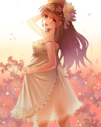 Rule 34 | 1girl, arm up, bad id, bad pixiv id, bare shoulders, blush, bracelet, brown eyes, brown hair, clothes lift, dress, dress lift, flower, hair ornament, hairclip, hat, highres, jewelry, ktsis, long hair, looking back, open mouth, original, smile, solo, strap slip