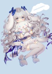 Rule 34 | 1girl, absurdres, animal ears, bad id, bad pixiv id, blue bow, blue eyes, blue nails, blue ribbon, blush, bow, cinnamoroll, closed mouth, genderswap, genderswap (mtf), grey hair, hair bow, haruri, highres, holding, holding stuffed toy, long hair, looking at viewer, nail polish, own hands clasped, own hands together, rabbit ears, ribbon, sanrio, smile, solo, stuffed animal, stuffed toy, thighhighs, twintails, white thighhighs