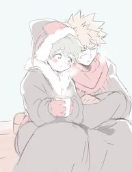Rule 34 | 2boys, bakugou katsuki, black coat, black headwear, blonde hair, blush, boku no hero academia, closed eyes, closed mouth, coat, commentary, crossed arms, cup, freckles, fur-trimmed headwear, fur trim, green eyes, green hair, grey background, hat, highres, holding, holding cup, leaning on person, long sleeves, looking at another, midoriya izuku, multiple boys, nugunasutu, official alternate costume, open mouth, red scarf, scarf, short hair, simple background, sitting, smile, spiked hair, steam
