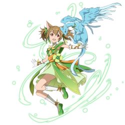 Rule 34 | 1girl, animal ears, bow, brown hair, cat ears, cat tail, dress, full body, gloves, green dress, green ribbon, hair bow, hair ribbon, long hair, mini dragon, multiple tails, open mouth, pina (sao), red eyes, ribbon, silica, silica (sao-alo), sleeveless, sleeveless dress, solo, sword art online, tail, transparent background, twintails, two tails, white gloves, white legwear, wrist ribbon, yellow ribbon