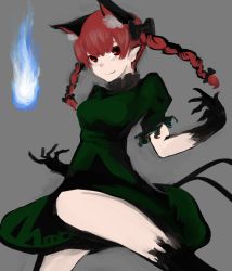 Rule 34 | 1girl, animal ears, bad hands, blue fire, bow, braid, breasts, cat ears, cat tail, dress, extra ears, eyebrows hidden by hair, feet out of frame, fire, forked tail, green dress, grey background, hair bow, highres, hitodama, kaenbyou rin, long hair, looking at viewer, medium breasts, moor, multiple tails, nekomata, red eyes, red hair, skull, smile, solo, tail, touhou, twin braids