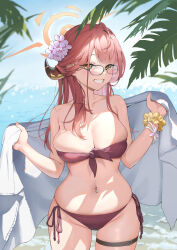 Rule 34 | 1girl, absurdres, alternate costume, aru (blue archive), bikini, black-framed eyewear, blue archive, blurry, blush, bokeh, bracelet, breasts, chinese commentary, cleavage, collarbone, commentary, demon horns, depth of field, flower, glasses, grin, groin, hair flower, hair ornament, halo, highres, holding, holding towel, hongye feixue, horns, jewelry, large breasts, looking at viewer, navel, navel piercing, outdoors, piercing, pink hair, red bikini, scrunchie, side-tie bikini bottom, skindentation, smile, solo, stomach, strapless, strapless bikini, swimsuit, thigh strap, towel, white towel, wrist scrunchie