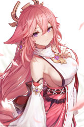Rule 34 | 1girl, animal ears, bare shoulders, blouse, breasts, detached sleeves, faruhan, fox ears, genshin impact, hair between eyes, hand on own chest, highres, large breasts, long hair, long sleeves, looking at viewer, nontraditional miko, pink hair, pink skirt, purple eyes, shirt, sideboob, simple background, skirt, smile, solo, upper body, very long hair, white background, white shirt, wide sleeves, yae miko