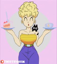 Rule 34 | 1girl, animated, animated gif, bare arms, bare shoulders, belt, blonde hair, blush, bouncing breasts, breasts, cake, cat, cleavage, closed eyes, dragon ball, earrings, food, gilf, holding, holding food, jewelry, large breasts, mature female, open mouth, panchy, pants, purple pants, simple background, sleeveless, solo, standing, strapless, stud earrings, tea, twistedgrim, walking, wide hips