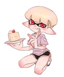 Rule 34 | 1boy, :q, black shorts, cake, food, full body, holding, holding plate, ikki (gsl 9708), inkling, inkling boy, inkling player character, looking at viewer, male focus, nintendo, pink shirt, plate, pointy ears, red eyes, shirt, short hair, short shorts, shorts, simple background, smile, solo, splatoon (series), squatting, strawberry shortcake, tentacle hair, tongue, tongue out, white background, white hair, yellow trim