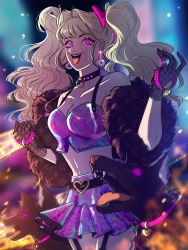 Rule 34 | alternate costume, arms up, barking, belt, belt buckle, black choker, black collar, black gloves, blonde hair, blue shirt, blue skirt, bow, bracelet, breasts, buckle, chain, choker, cleavage, collar, collarbone, colored tongue, colorful, danganronpa: trigger happy havoc, danganronpa (series), dog, ear piercing, earrings, enoshima junko, fang, fangs, fire, fire, fluffy, furred cuffs, garter straps, gloves, hair bow, hair ornament, halterneck, hand up, heart, heart necklace, heart pendant, highres, jewelry, large breasts, laurasakuraki, leash, leather, leather belt, lipstick, long eyelashes, long hair, looking at viewer, makeup, multicolored clothes, multicolored shirt, multicolored skirt, navel, necklace, nose, open mouth, orange tongue, patterned clothing, pendant, piercing, pink bracelet, pink collar, pink eyes, pink ring, pink shirt, pink skirt, pleated skirt, purple shirt, purple skirt, rabbit hair ornament, red lips, ring, shirt, simple background, skirt, spiked bracelet, spikes, stomach, strapless, teeth, thighs, tongue, tongue out, tube top, wallet chain