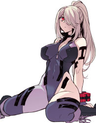 Rule 34 | 1girl, boots, bracelet, breasts, choker, ckj (harinezu), cleavage, covered erect nipples, covered navel, eater), fingerless gloves, gloves, god eater, god eater 3, hair over one eye, high ponytail, jewelry, large breasts, long hair, parted lips, platinum blonde hair, player (god eater 3), ponytail, protagonist (god eater), red eyes, sidelocks, simple background, single thighhigh, sitting, solo, thighhighs, unitard, wariza, white background