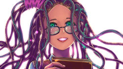 Rule 34 | 1girl, arachnotron, black-framed eyewear, book, cybernetic, doom (series), dreadlocks, glasses, green eyes, grin, highres, holding, holding book, humanization, long hair, looking at viewer, simple background, smile, solo, substance20, white background