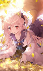 Rule 34 | 1girl, animal ears, autumn leaves, bell, blonde hair, blush, breasts, cleavage, detached sleeves, fox ears, fox tail, hair ornament, highres, japanese clothes, jingle bell, long hair, looking at viewer, mikeou, open mouth, original, red eyes, skirt, solo, tail