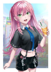 Rule 34 | 1girl, absurdres, aikawa megumi, collared shirt, cowboy shot, crop top, cup, day, disposable cup, drink, drinking straw, green eyes, heaven burns red, highres, holding, holding drink, latex shorts, long hair, looking at viewer, midriff, navel, necktie, nil (pixiv 53614557), open mouth, outdoors, pink hair, shirt, short sleeves, shorts, sky, smile, solo, suspenders, two side up, very long hair