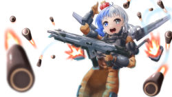 Rule 34 | 1girl, apex legends, armor, assault rifle, blue eyes, blue hair, bodysuit, breastplate, commission, cosplay, crown, finger gun, gloves, grey eyes, gun, hayaoki (asagi-iro seishun-bu), heterochromia, highres, holding, holding gun, holding weapon, indie virtual youtuber, jetpack, missile, missile pod, multicolored hair, nanashi aimi, open mouth, orange bodysuit, orange gloves, pixiv commission, r-301 carbine, rifle, smile, solo, split-color hair, trigger discipline, twintails, two-tone hair, valkyrie (apex legends), valkyrie (apex legends) (cosplay), virtual youtuber, weapon, white background, white hair