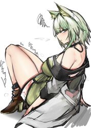 Rule 34 | 1girl, absurdres, animal ears, arknights, bare shoulders, breasts, brown footwear, cat ears, cat girl, commentary request, dress, from side, green dress, green eyes, green hair, grey jacket, high heels, highres, jacket, kal&#039;tsit (arknights), large breasts, looking at viewer, mitarashi renge, off shoulder, short hair, sideways glance, simple background, sitting, solo, squiggle, thighs, translation request, white background
