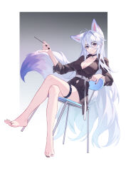 Rule 34 | 1girl, absurdres, animal ears, antenna hair, bare legs, barefoot, belt, black choker, black nails, black shirt, border, breasts, chair, choker, cleavage, clothing cutout, collarbone, crossed legs, extra ears, feet, fox ears, fox girl, fox tail, gradient background, grey background, grey hair, hair between eyes, highres, holding, holding stick, kirby d a, large breasts, leaning back, long hair, long sleeves, looking at viewer, nail polish, navel cutout, original, pendant choker, pink eyes, shirt, sidelocks, simple background, sitting, smile, solo, stick, tail, thigh strap, toenail polish, toenails, toes, very long hair, white belt, white border