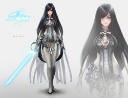 1girl black_hair bodysuit breasts character_name cleavage cleavage_cutout clothing_cutout copyright_name grey_bodysuit highres holding holding_sword holding_weapon long_hair looking_at_viewer multiple_views raven_(stellar_blade) raven_suit_(stellar_blade) rudiindra4art stellar_blade sword two-tone_bodysuit weapon