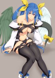 Rule 34 | 1girl, asymmetrical wings, bare shoulders, black thighhighs, blue hair, breasts, detached sleeves, dizzy (guilty gear), feathered wings, grey background, guilty gear, guilty gear x, guilty gear xx, hair ribbon, hair rings, large breasts, long hair, looking at viewer, namakemono (u446644k), navel, red eyes, revealing clothes, ribbon, simple background, sitting, skindentation, smile, solo, tail, tail ornament, tail ribbon, thighhighs, thighs, twintails, underboob, wings