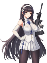 Rule 34 | 1girl, absurdres, assault rifle, black hair, black pantyhose, breasts, bullpup, daisy cutter, elbow gloves, girls&#039; frontline, gloves, gun, hairband, highres, holding, holding gun, holding weapon, large breasts, long hair, miniskirt, pantyhose, pleated skirt, qbz-95, rifle, shirt, skirt, smile, solo, standing, type 95 (girls&#039; frontline), very long hair, weapon, white gloves, white hairband, white shirt, white skirt, yellow eyes