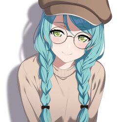 Rule 34 | 1girl, aqua hair, bang dream!, bow, braid, brown hat, brown sweater, cabbie hat, fries vanquisher, glasses, green eyes, hair bow, hair over shoulder, hat, highres, hikawa sayo, light blush, long hair, looking at viewer, round eyewear, shadow, simple background, smile, solo, sweater, twin braids, white background