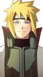 1boy absurdres blonde_hair blue_eyes blush closed_mouth coat flak_jacket green_jacket green_vest highres jacket konohagakure_shinobi_uniform looking_at_viewer male_focus mature_male namikaze_minato naruto_(series) naruto_shippuuden pnpk_1013 short_hair simple_background smile solo spiked_hair upper_body vest white_background white_coat