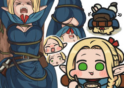 Rule 34 | &gt; &lt;, 1girl, :3, :d, ^ ^, arms up, backpack, bag, belt pouch, blonde hair, blue capelet, blue robe, blush, book holster, bowl, braid, breakdance, breasts, capelet, chibi, closed eyes, closed mouth, commentary, crying, dungeon meshi, eating, elf, facing away, facing viewer, food, french braid, green eyes, handstand, holding, holding staff, hood, hood down, hooded capelet, jazz jack, large breasts, long hair, long sleeves, marcille donato, multiple views, open mouth, pants, plant, pointy ears, pouch, red ribbon, ribbon, robe, sandals, side braid, smile, soup, sprout, staff, tentacles, upside-down, vines, white background, white pants