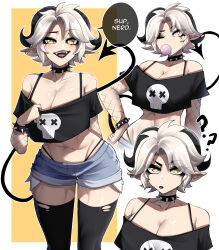 Rule 34 | 1girl, ?, ??, absurdres, black lips, black thighhighs, borrowed character, bra strap, breasts, brown eyes, blowing bubbles, choker, cleavage, closed mouth, crop top, demon girl, demon horns, demon tail, denim, denim shorts, english text, fangs, highres, horns, large breasts, looking at viewer, multiple views, navel, off-shoulder shirt, off shoulder, one eye closed, open mouth, original, pointy ears, rageman709, shirt, short hair, short shorts, shorts, solo, speech bubble, spiked choker, spikes, susan (rakeemspoon), tail, teeth, thighhighs, upper teeth only, white hair