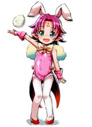 Rule 34 | 1girl, :d, animal ears, blush, rabbit ears, covered navel, easter egg, egg, facial mark, fae (fire emblem), fake animal ears, fire emblem, fire emblem: the binding blade, forehead mark, frilled leotard, frills, green eyes, high heels, leotard, looking at viewer, nintendo, open mouth, outstretched arm, pink hair, pink leotard, pointy ears, ribbon, shoes, short hair, simple background, smile, solo, standing, tec, white background, white legwear, wrist cuffs