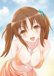 Rule 34 | 10s, 1girl, :d, bikini, blush, breasts, brown eyes, brown hair, cleavage, covered erect nipples, front-tie top, fuku d, highres, idolmaster, idolmaster cinderella girls, jewelry, large breasts, leaning, long hair, navel, necklace, open mouth, orange bikini, sarong, shiny skin, smile, solo, swimsuit, totoki airi, twintails, yellow eyes