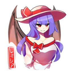 Rule 34 | 1girl, aged up, alternate costume, alternate hair length, alternate hairstyle, bare shoulders, bat wings, blush, breasts, character name, dress, hat, hat ribbon, highres, kaliningradg, large breasts, long hair, looking at viewer, off-shoulder dress, off shoulder, pink hat, purple hair, red eyes, red ribbon, remilia scarlet, ribbon, simple background, smile, solo, sun hat, touhou, white background, white dress, wings